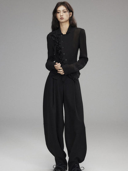 Low pixel Black Double Layer Ruffle Slanted Placket Lapel Women&