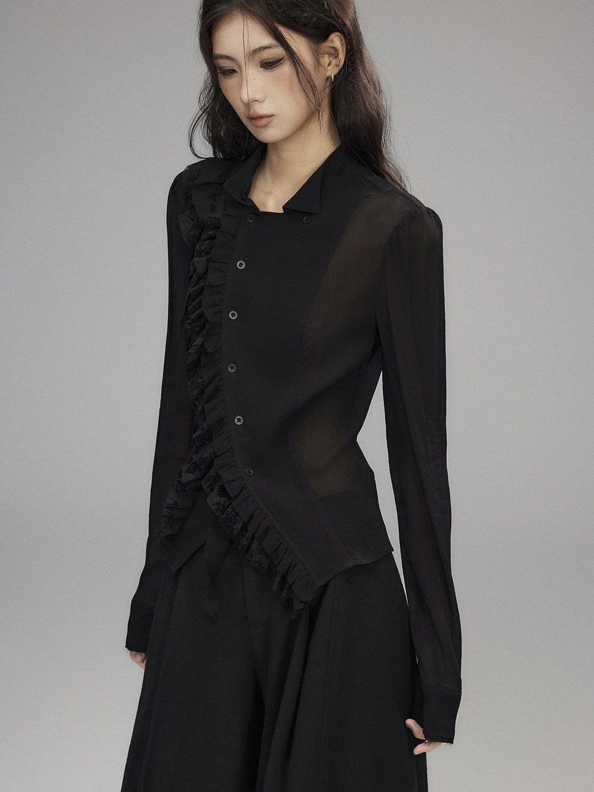 Low pixel Black Double Layer Ruffle Slanted Placket Lapel Women&
