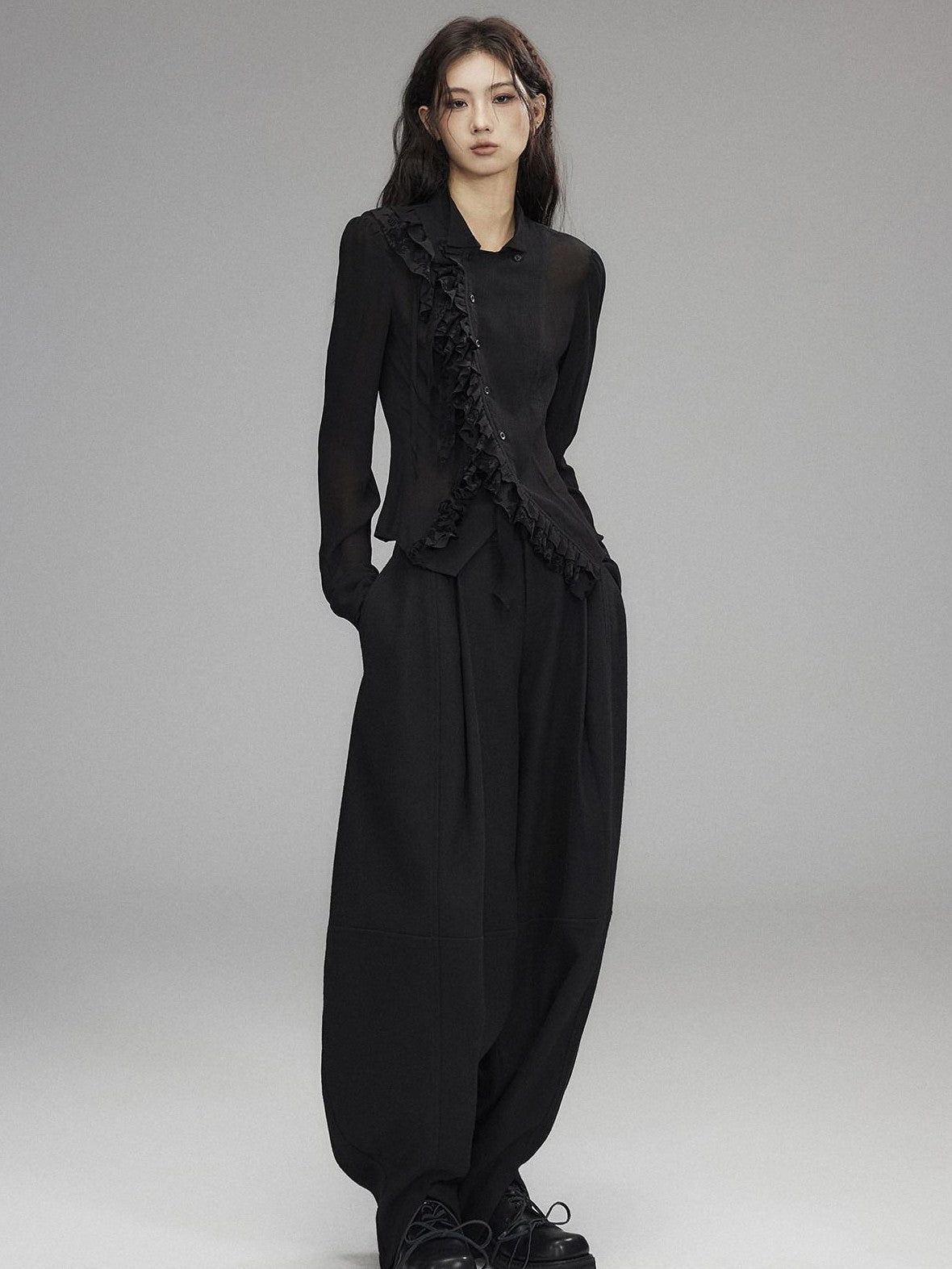 Low pixel Black Double Layer Ruffle Slanted Placket Lapel Women&