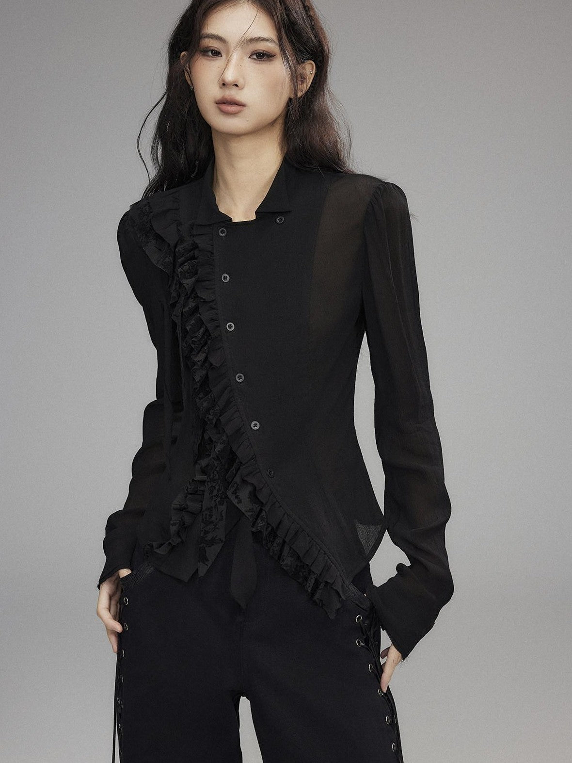 Low pixel Black Double Layer Ruffle Slanted Placket Lapel Women&