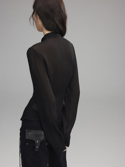 Low pixel Black Double Layer Ruffle Slanted Placket Lapel Women&