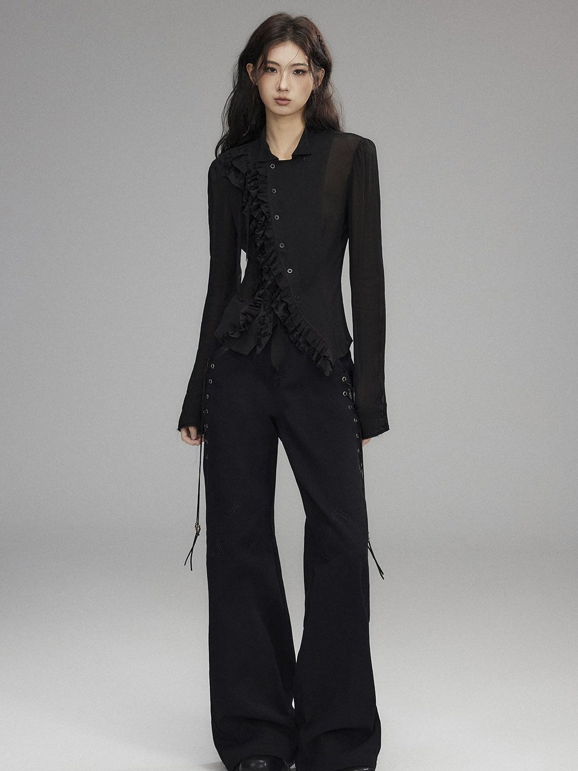 Low pixel Black Double Layer Ruffle Slanted Placket Lapel Women&
