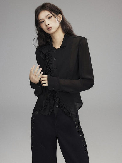 Low pixel Black Double Layer Ruffle Slanted Placket Lapel Women&