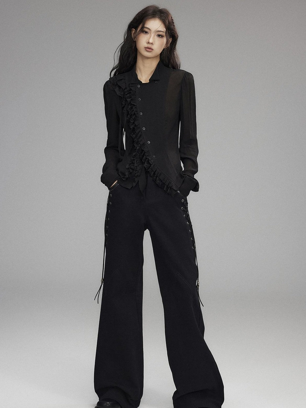 Low pixel Black Double Layer Ruffle Slanted Placket Lapel Women&
