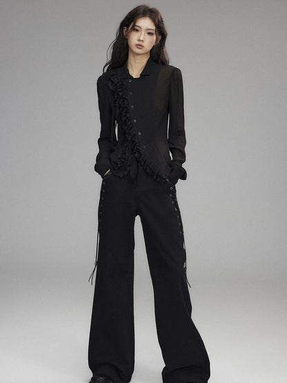 Low pixel Black Double Layer Ruffle Slanted Placket Lapel Women&