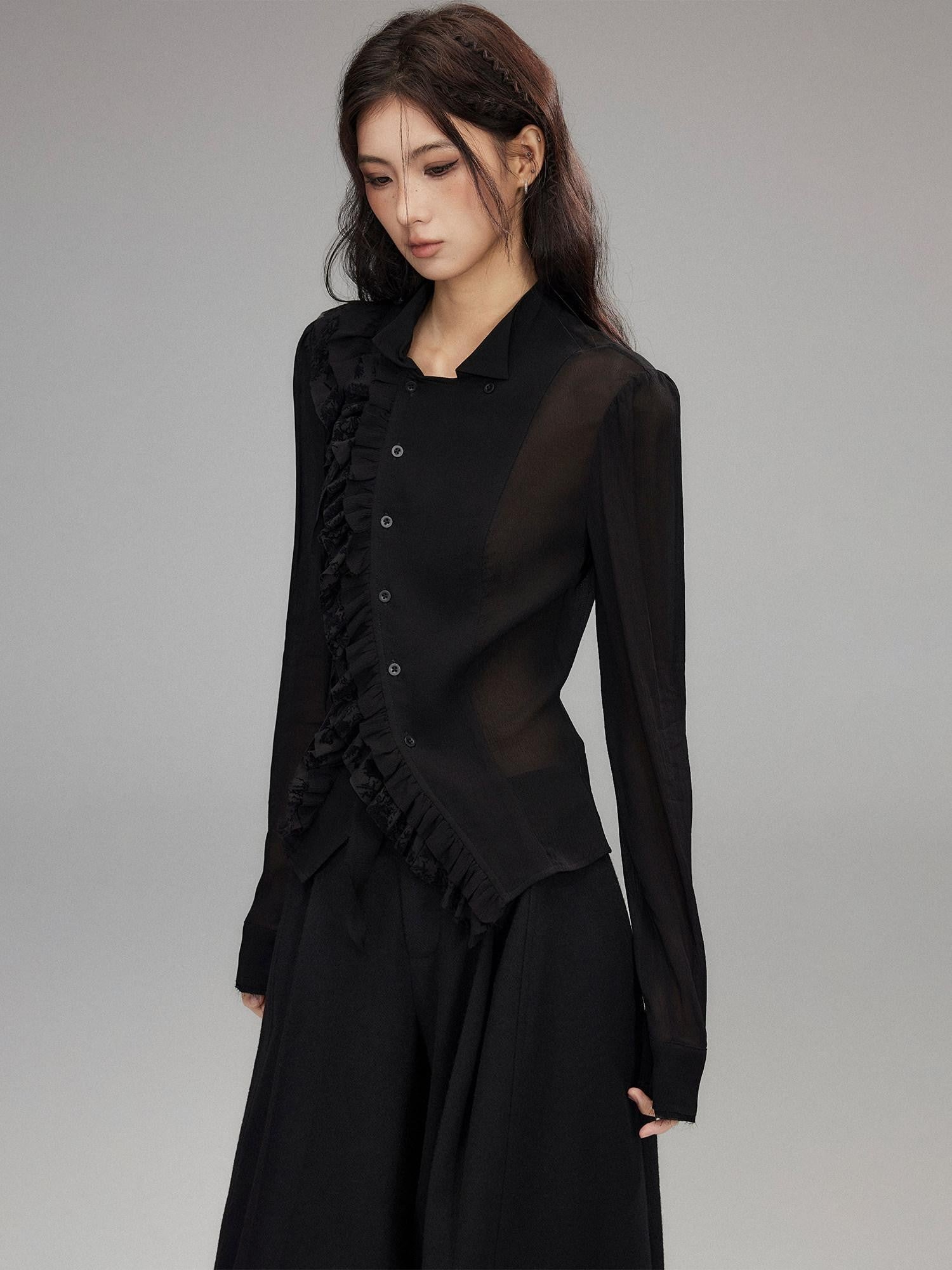 Low pixel Black Double Layer Ruffle Slanted Placket Lapel Women&