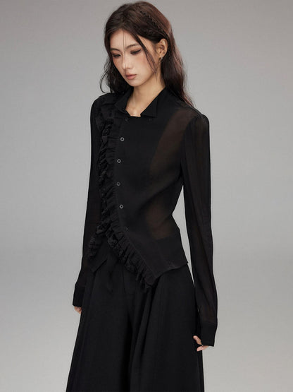 Low pixel Black Double Layer Ruffle Slanted Placket Lapel Women&