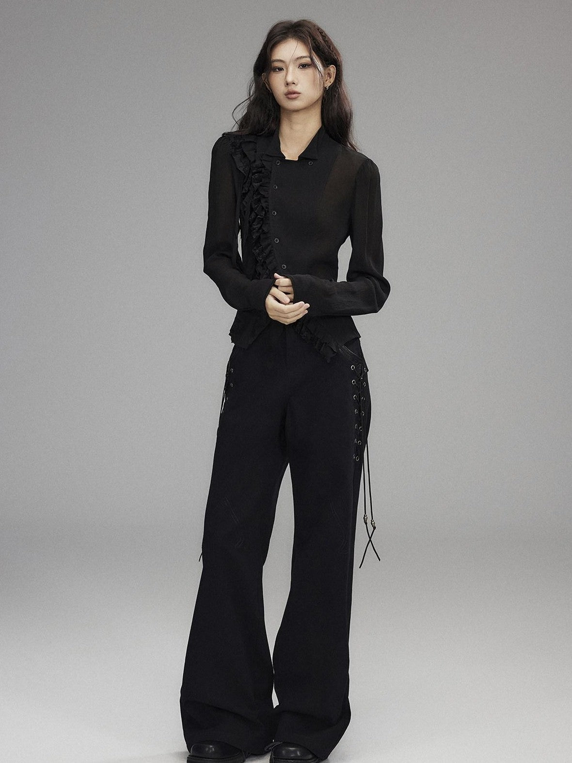 Low pixel Black Double Layer Ruffle Slanted Placket Lapel Women&