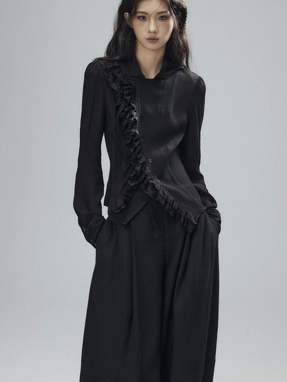 Low pixel Black Double Layer Ruffle Slanted Placket Lapel Women&