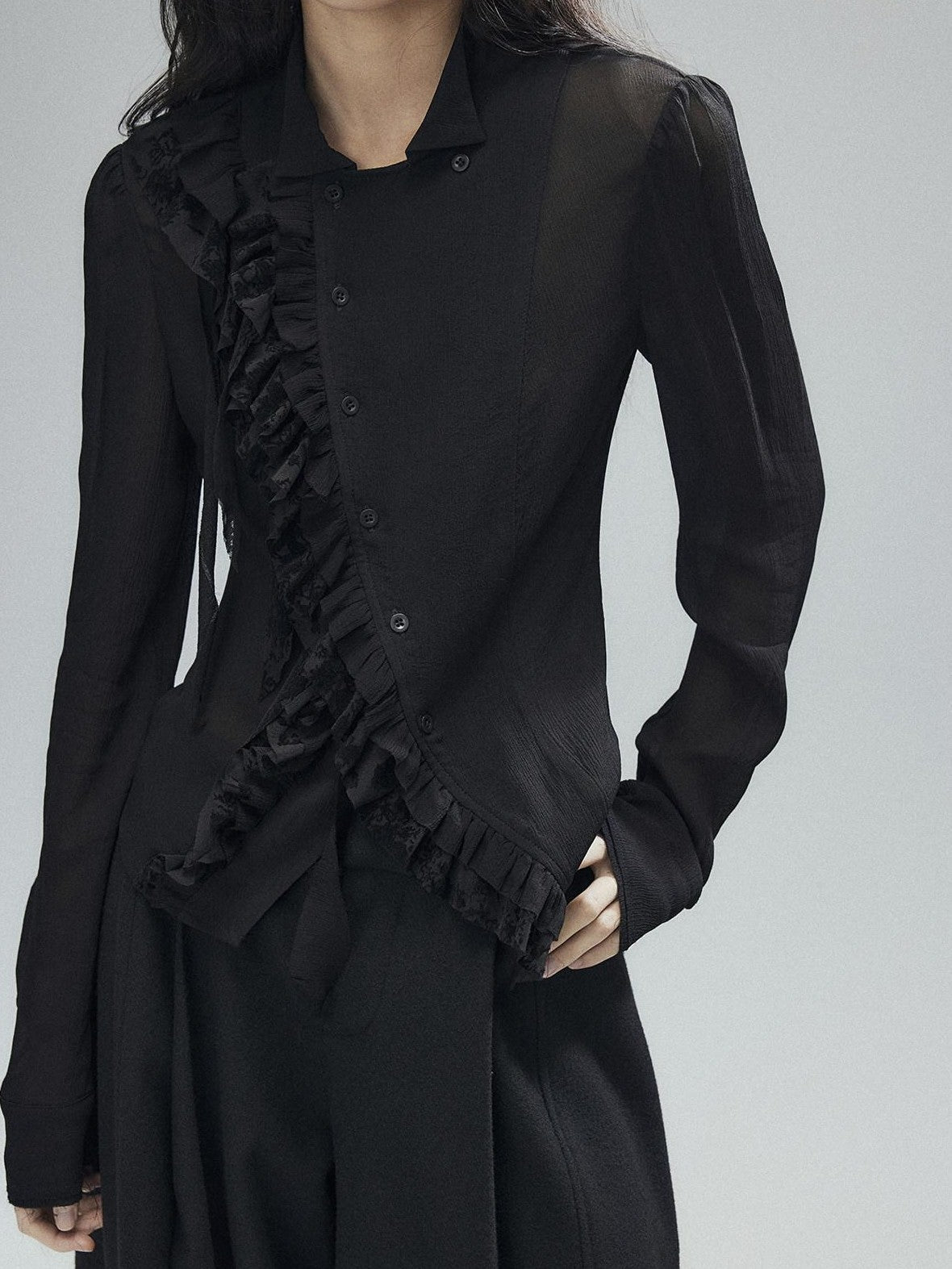 Low pixel Black Double Layer Ruffle Slanted Placket Lapel Women&