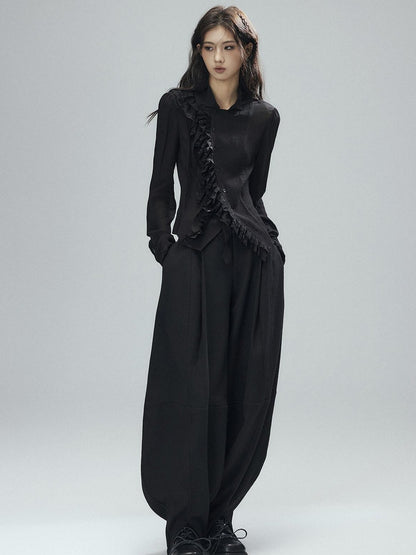 Low pixel Black Double Layer Ruffle Slanted Placket Lapel Women&