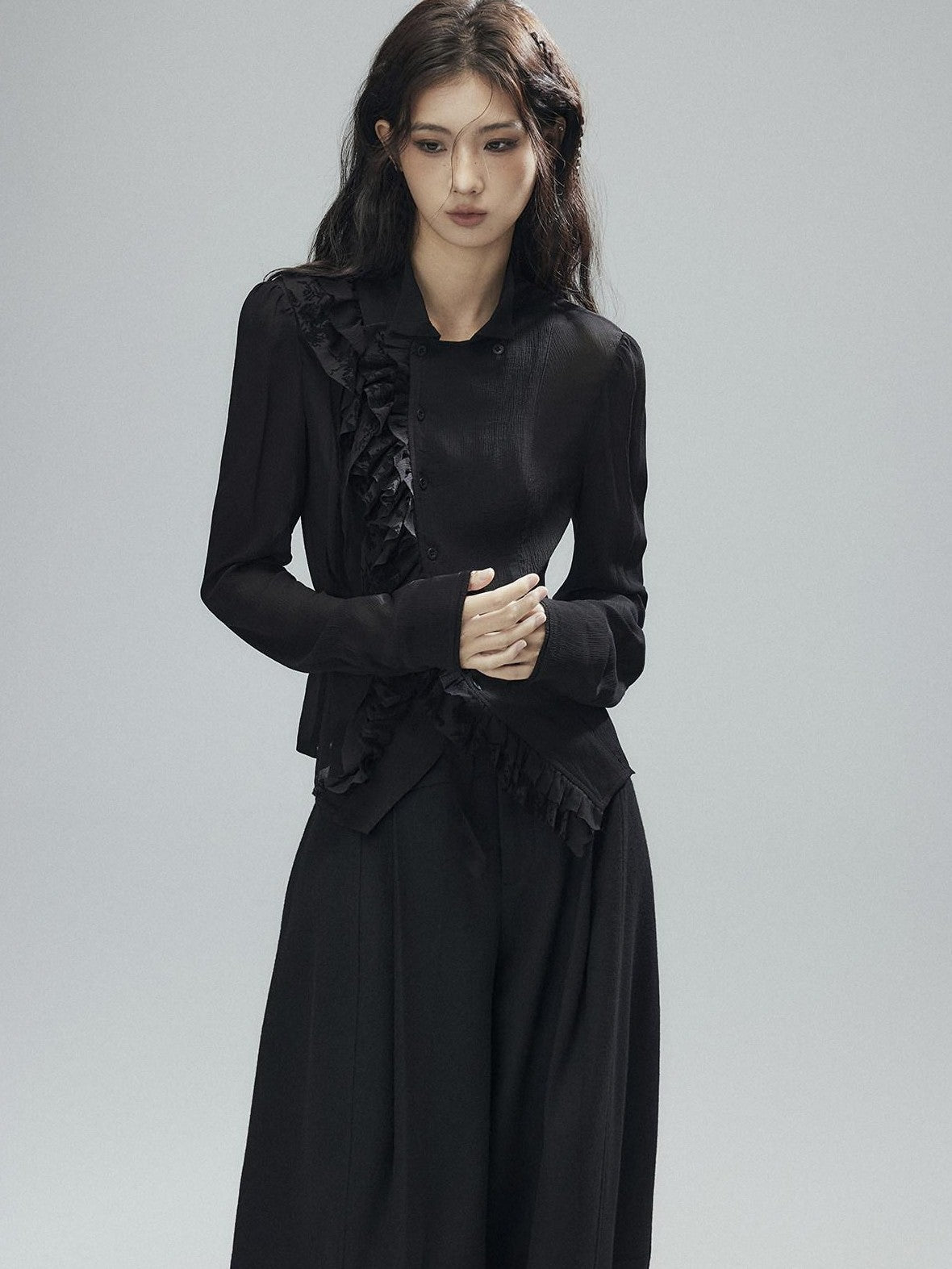 Low pixel Black Double Layer Ruffle Slanted Placket Lapel Women&