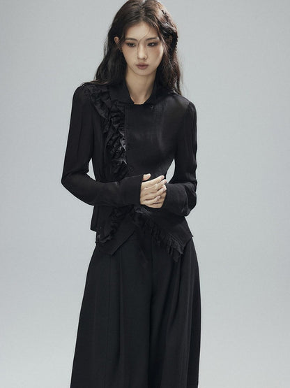 Low pixel Black Double Layer Ruffle Slanted Placket Lapel Women&