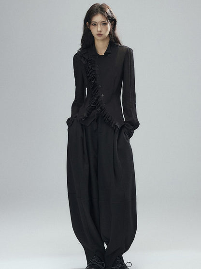 Low pixel Black Double Layer Ruffle Slanted Placket Lapel Women&