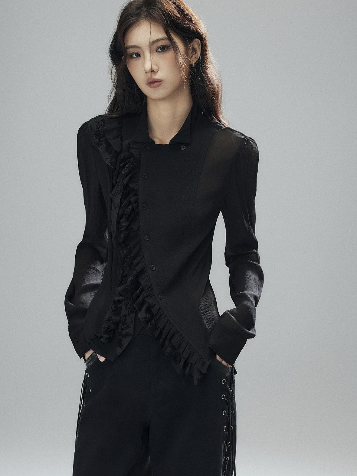 Low pixel Black Double Layer Ruffle Slanted Placket Lapel Women&