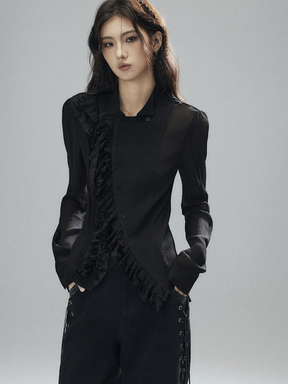 Low pixel Black Double Layer Ruffle Slanted Placket Lapel Women&