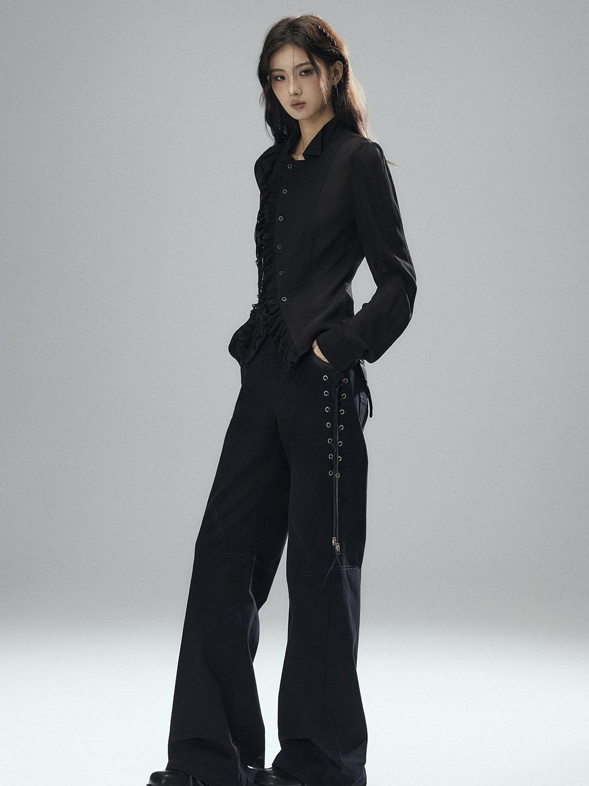 Low pixel Black Double Layer Ruffle Slanted Placket Lapel Women&