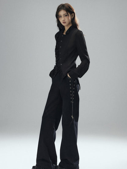 Low pixel Black Double Layer Ruffle Slanted Placket Lapel Women&