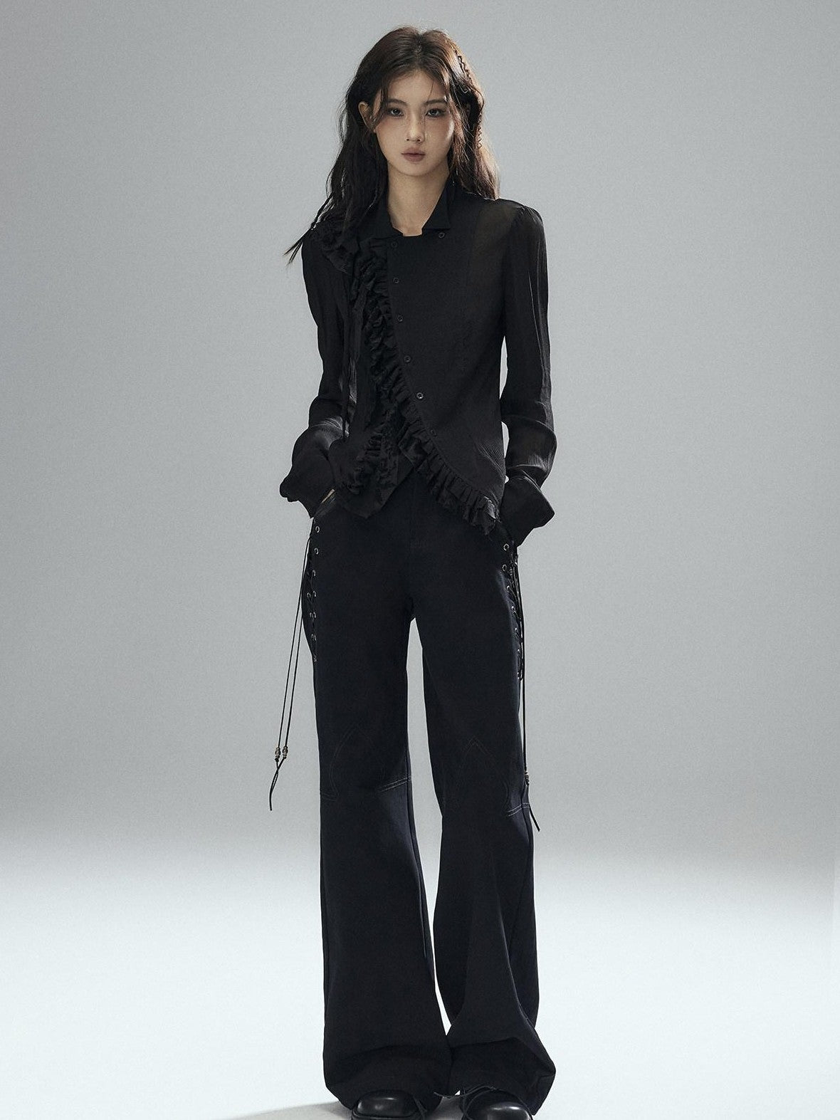 Low pixel Black Double Layer Ruffle Slanted Placket Lapel Women&