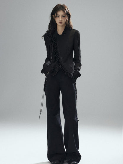 Low pixel Black Double Layer Ruffle Slanted Placket Lapel Women&