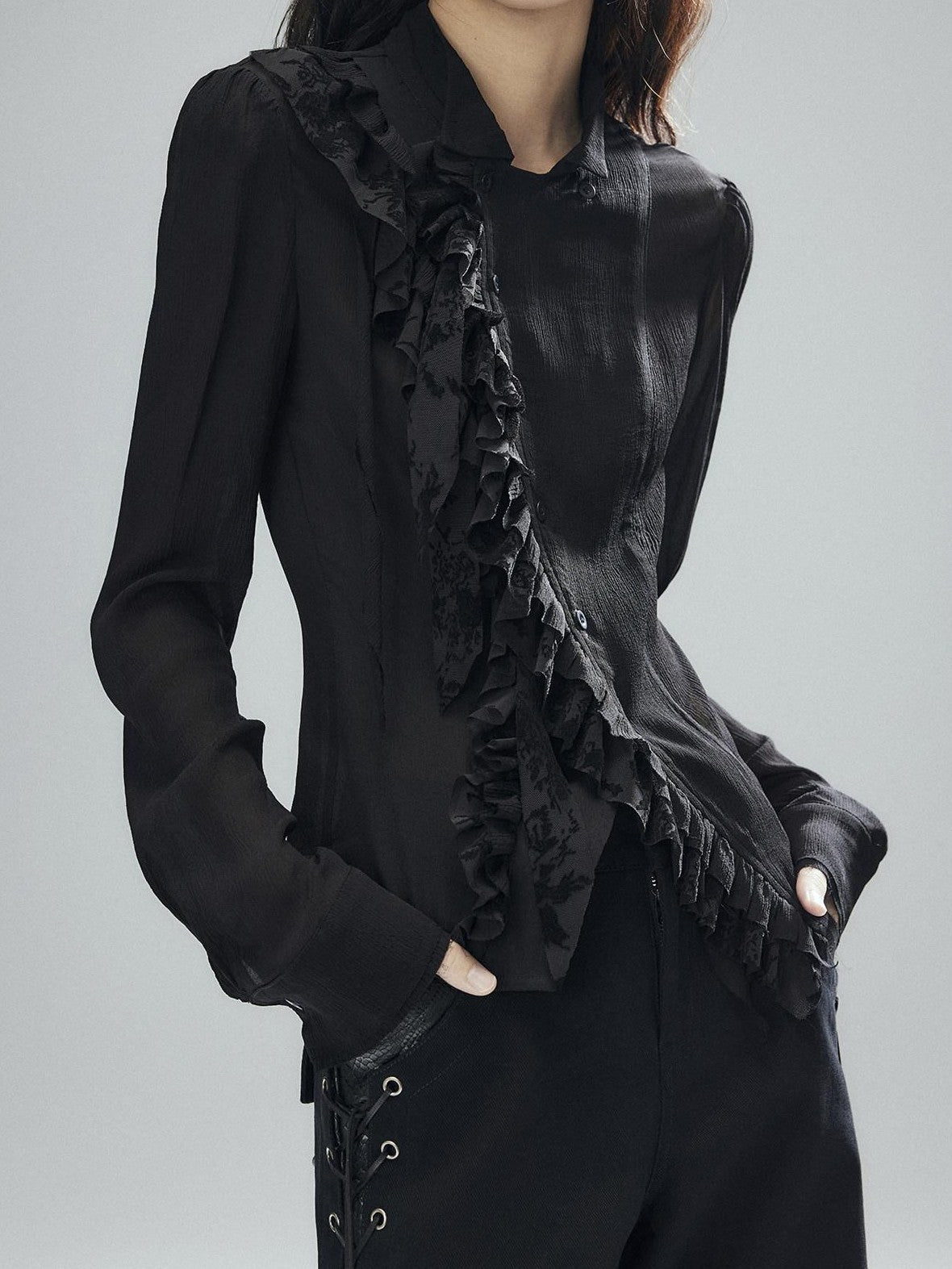 Low pixel Black Double Layer Ruffle Slanted Placket Lapel Women&