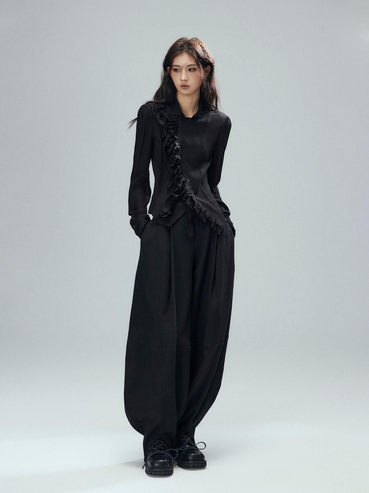Low pixel Black Double Layer Ruffle Slanted Placket Lapel Women&