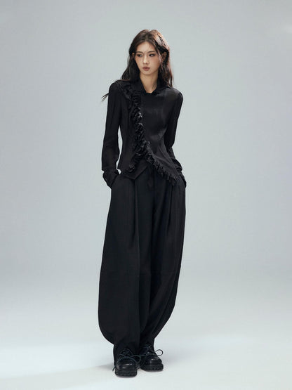 Low pixel Black Double Layer Ruffle Slanted Placket Lapel Women&