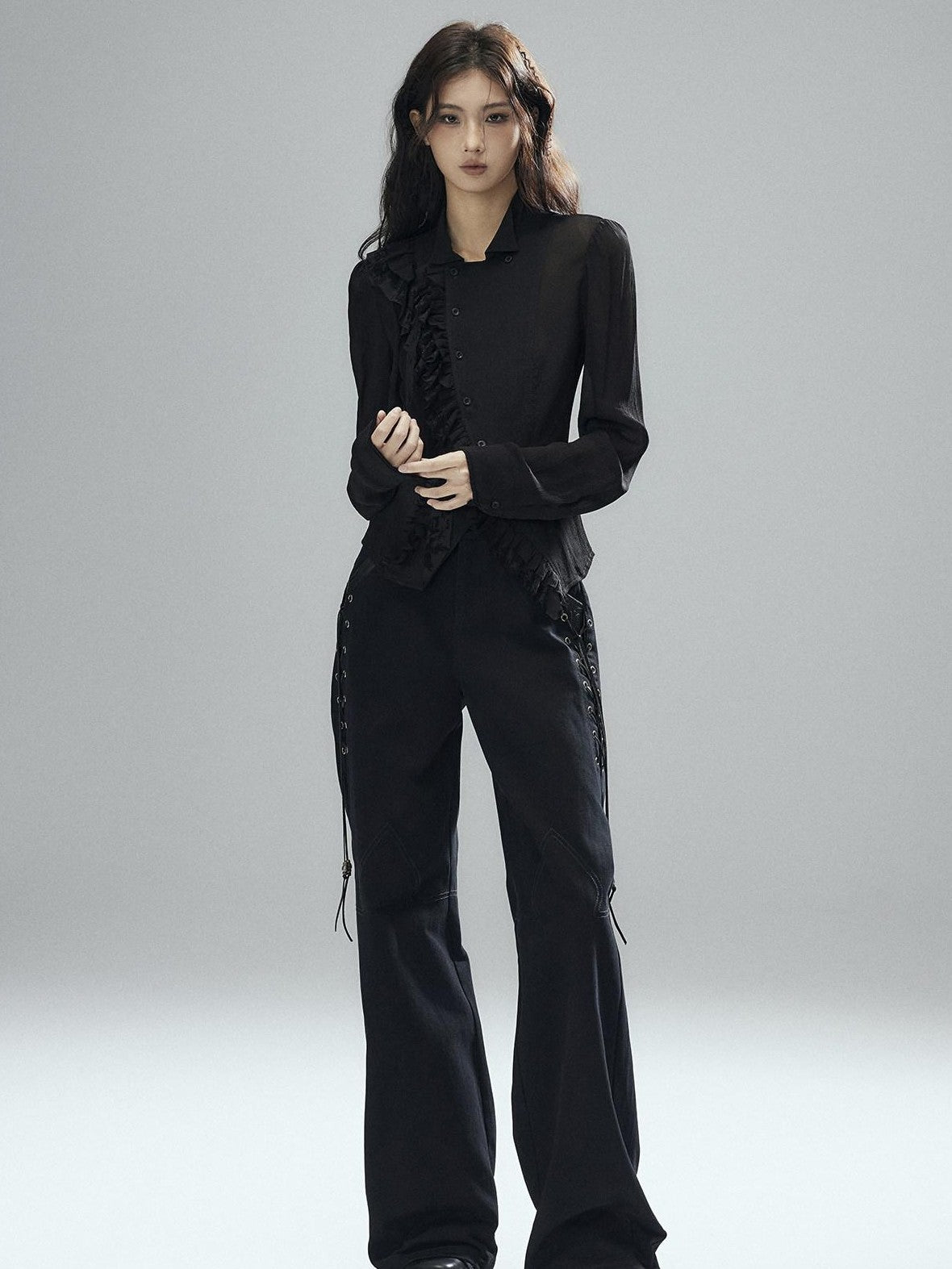 Low pixel Black Double Layer Ruffle Slanted Placket Lapel Women&