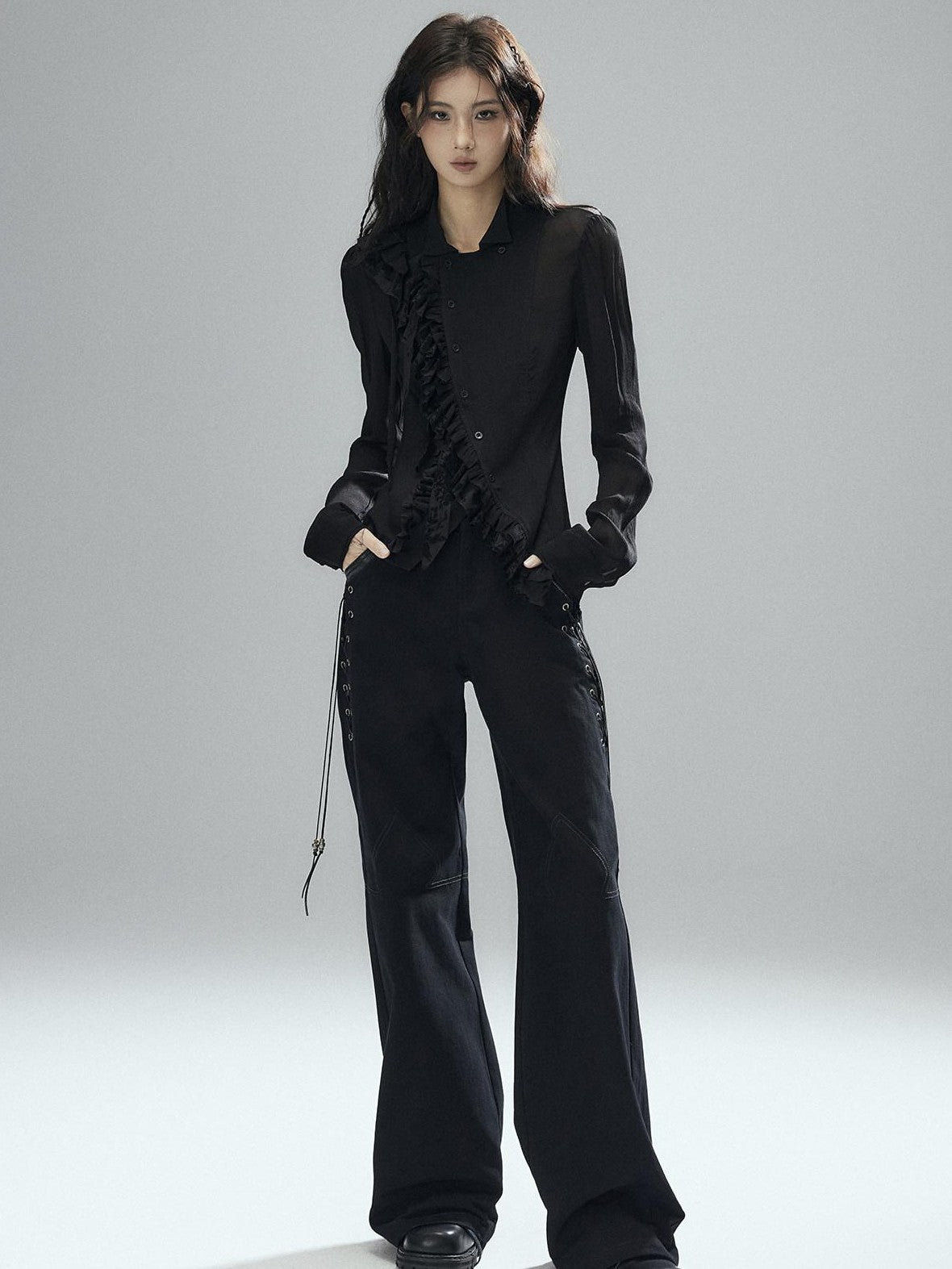 Low pixel Black Double Layer Ruffle Slanted Placket Lapel Women&
