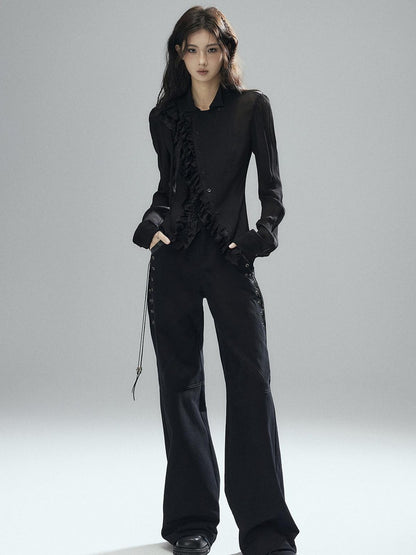 Low pixel Black Double Layer Ruffle Slanted Placket Lapel Women&