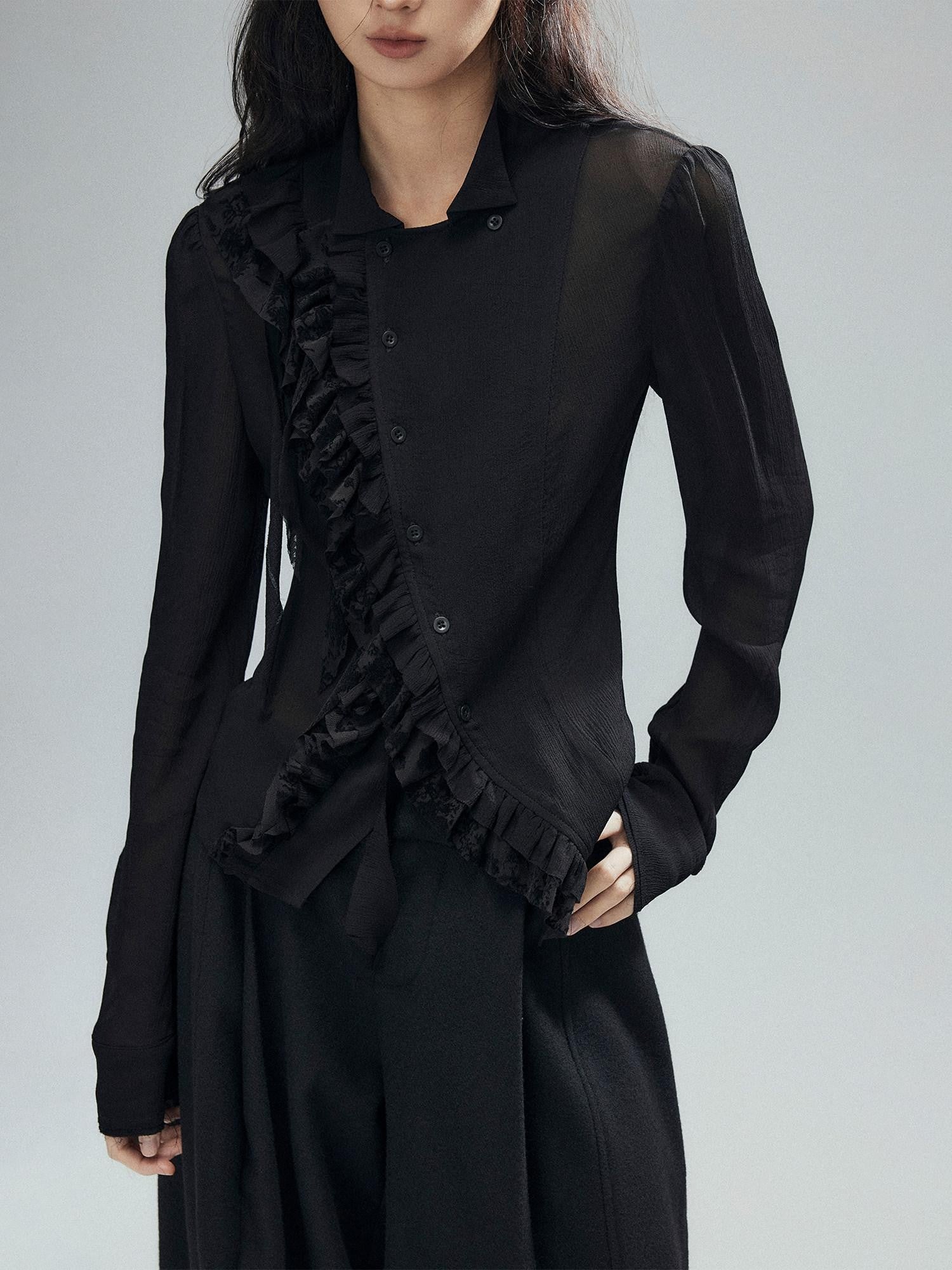 Low pixel Black Double Layer Ruffle Slanted Placket Lapel Women&