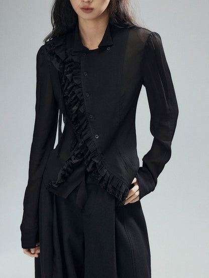 Low pixel Black Double Layer Ruffle Slanted Placket Lapel Women&