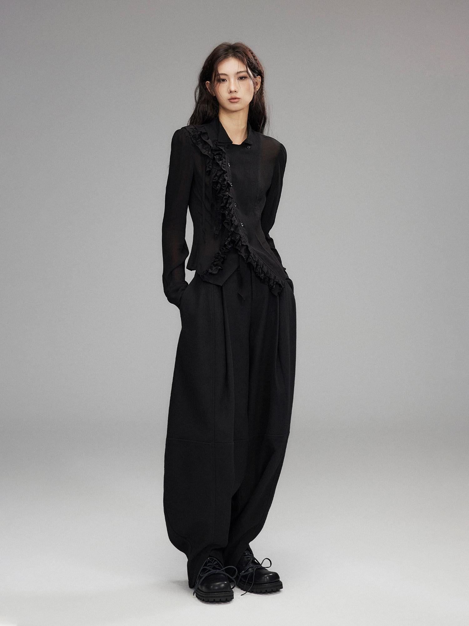 Low pixel Black Double Layer Ruffle Slanted Placket Lapel Women&