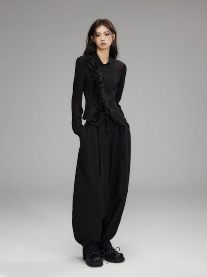 Low pixel Black Double Layer Ruffle Slanted Placket Lapel Women&