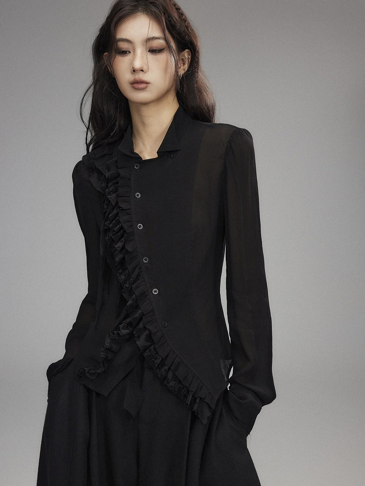 Low pixel Black Double Layer Ruffle Slanted Placket Lapel Women&