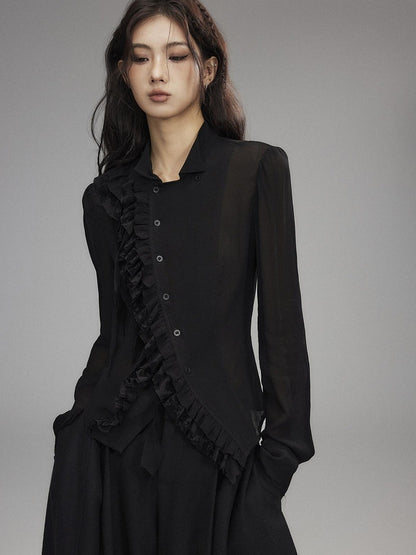 Low pixel Black Double Layer Ruffle Slanted Placket Lapel Women&