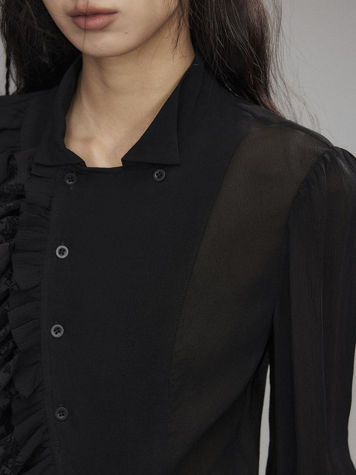 Low pixel Black Double Layer Ruffle Slanted Placket Lapel Women&
