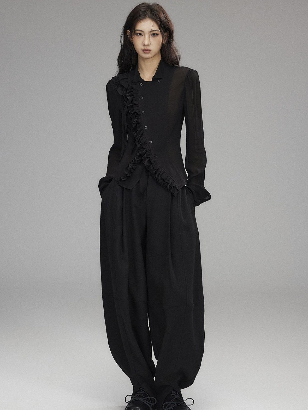 Low pixel Black Double Layer Ruffle Slanted Placket Lapel Women&