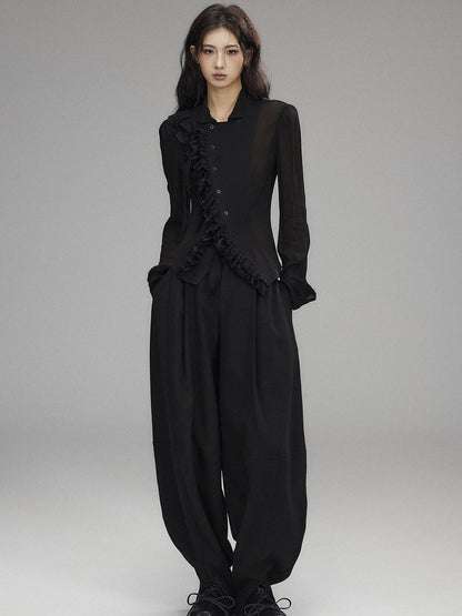 Low pixel Black Double Layer Ruffle Slanted Placket Lapel Women&