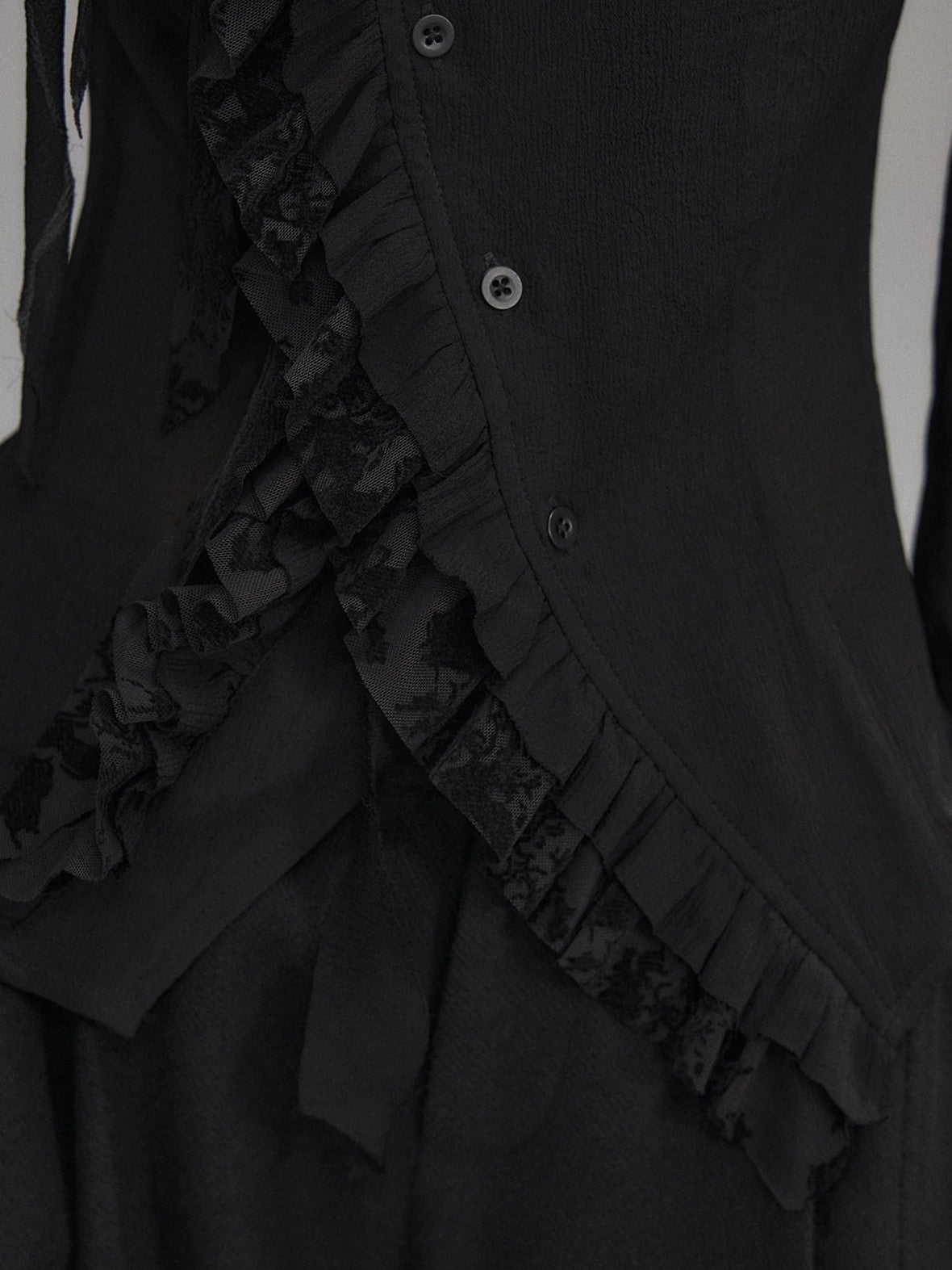 Low pixel Black Double Layer Ruffle Slanted Placket Lapel Women&