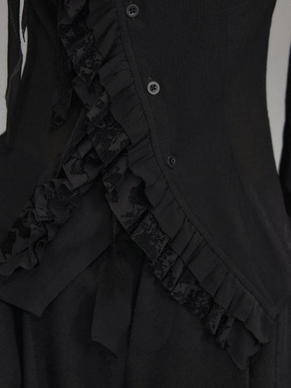 Low pixel Black Double Layer Ruffle Slanted Placket Lapel Women&