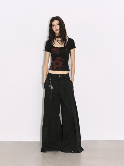 Low pixel Black Pressed Pleats Low Waist Studs Women&