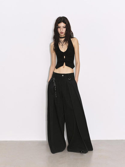 Low pixel Black Pressed Pleats Low Waist Studs Women&