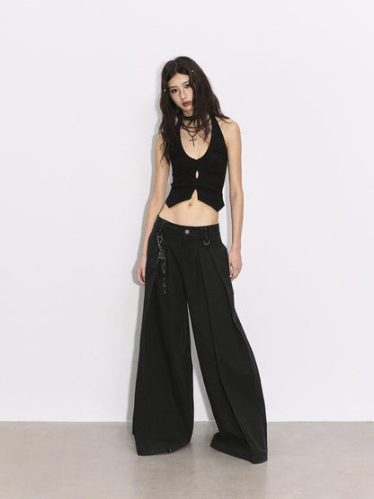 Low pixel Black Pressed Pleats Low Waist Studs Women&