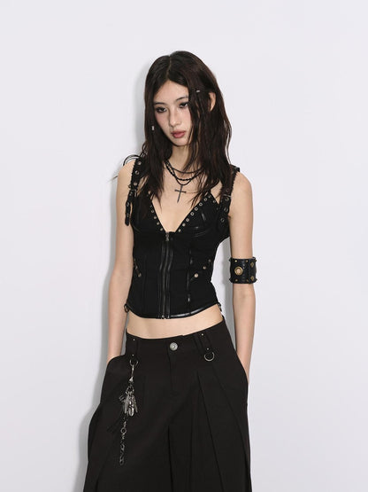 Low pixel Black Pressed Pleats Low Waist Studs Women&