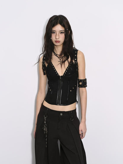 Low pixel Black Pressed Pleats Low Waist Studs Women&