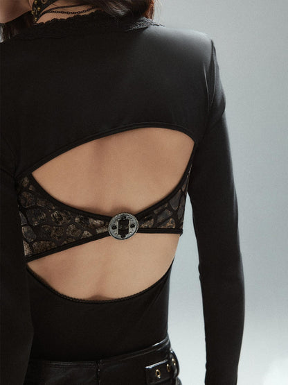 Low pixel Leopard Print Lace Trim Open Back V-neck Slim Fit Women&