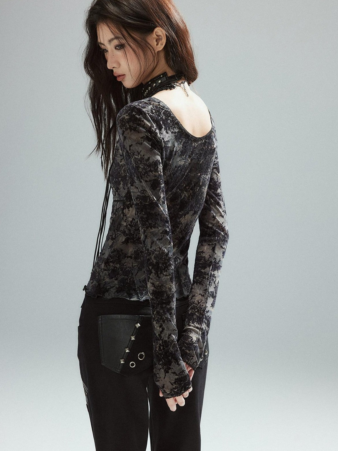 Low pixel Pixelated Flocked Print Spliced Square Neck Slim Women&
