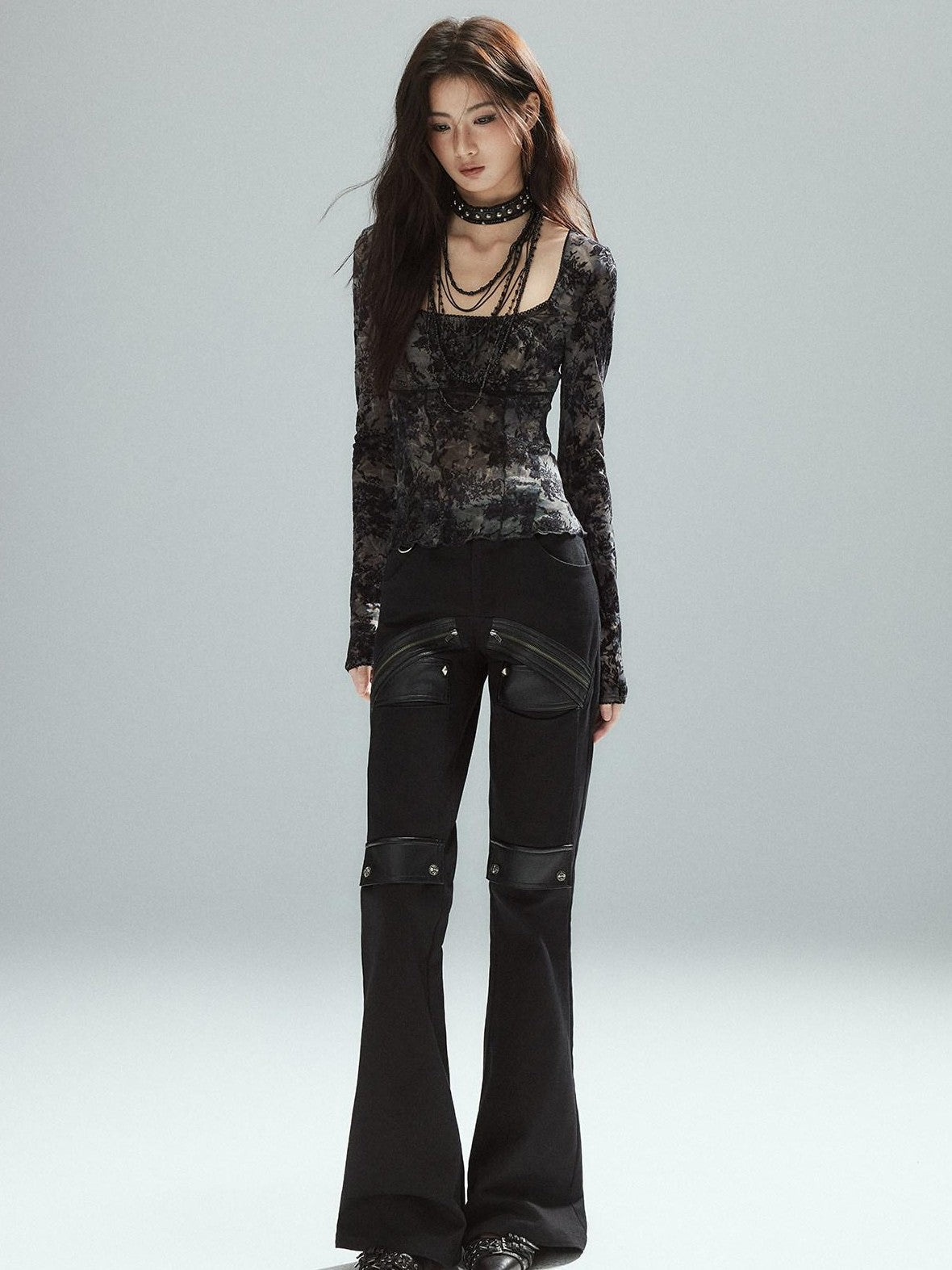 Low pixel Pixelated Flocked Print Spliced Square Neck Slim Women&