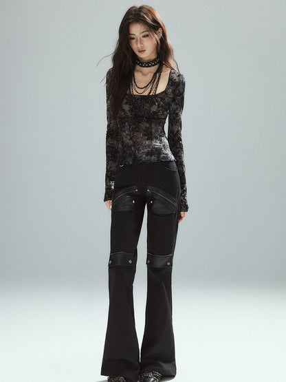 Low pixel Pixelated Flocked Print Spliced Square Neck Slim Women&